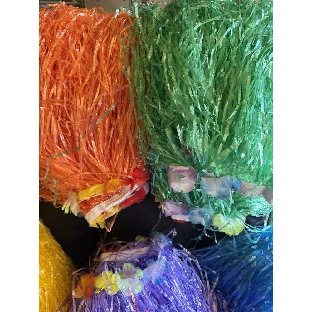 10 Pcs Adult’s Hawaiian Luau Hula Skirts Adjustable To 32” Flowered Multi Colors